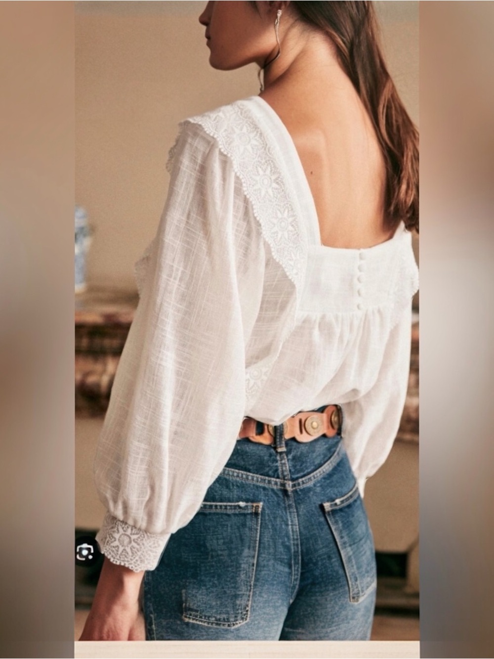 Sezane Cleo Blouse White Slub Gauze Cotton Lace Boho Parisian Coastal Breathable - Picture 3 of 15